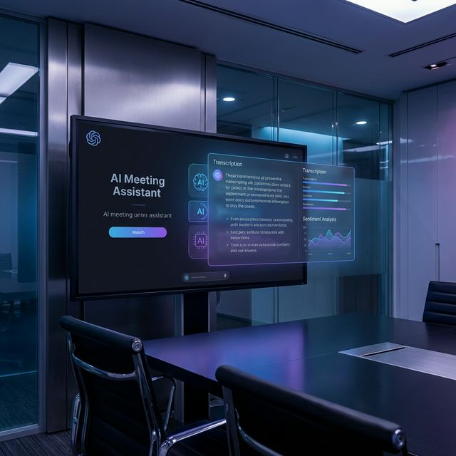 Futuristic AI meeting assistant interface on a large monitor, holographic transcription overlay, modern conference room with no people, blue purple glow, photorealistic